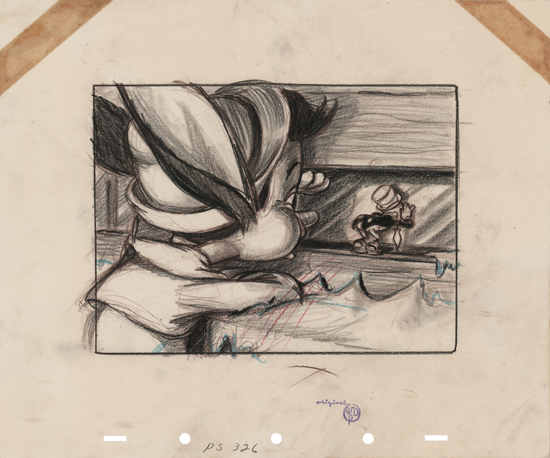 Lot 733 Pinocchio and Jiminy Cricket storyboard concept drawing from Pinocchio