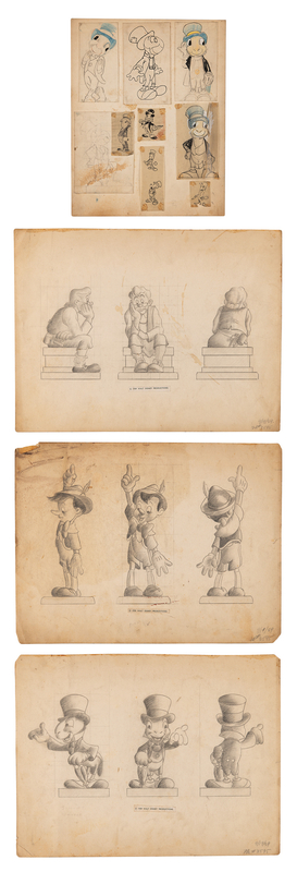 Lot 723 Pinocchio, Geppetto, and Jiminy Cricket model drawings (4) for Pinocchio Figurines