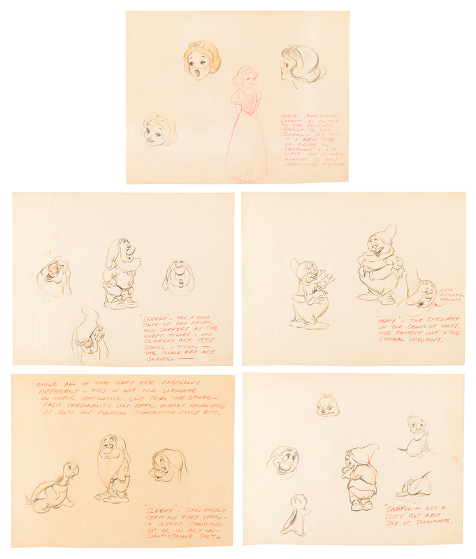 Lot 721 Snow White, Happy, Sneezy, Sleepy, and Bashful concept model drawings (5) from Snow White and the Seven Dwarfs