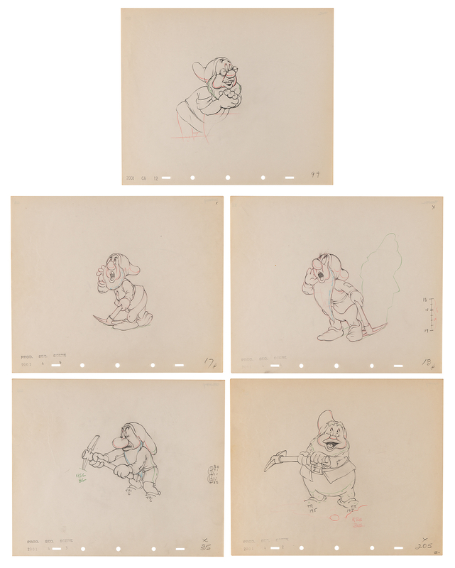 Lot 718 Sneezy, Bashful, Happy, Grumpy, and Doc production drawings (5) from Snow White and the Seven Dwarfs