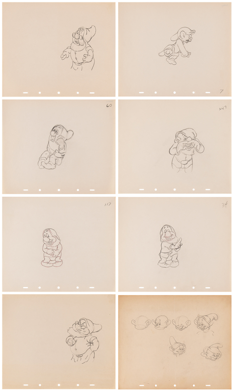 Lot 712 Doc, Dopey, Sleepy, Sneezy, and Bashful rough production drawings (7) and Dopey rough character model drawing from Snow White and the Seven Dwarfs
