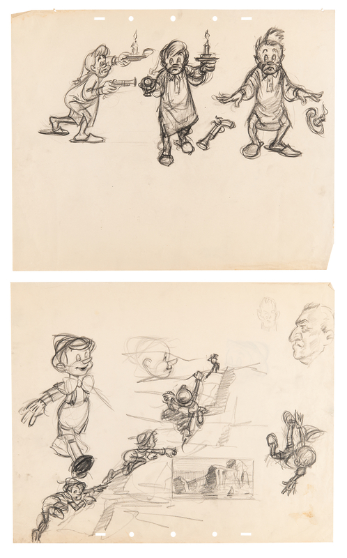 Lot 838 Pinocchio and Geppetto rough character study concept drawings (2) from Pinocchio