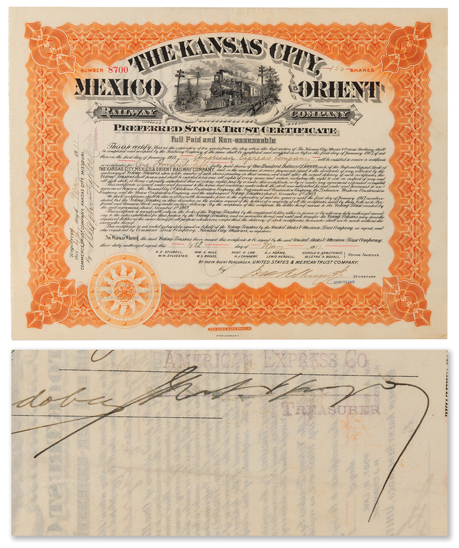 Lot 309 James F. Fargo Signed Stock Certificate - Issued to the American Express Company