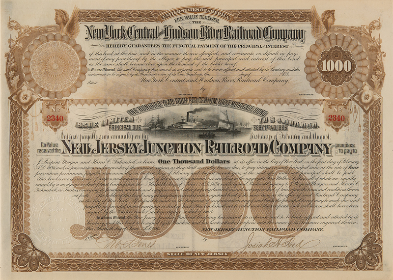 Lot 110 J. Pierpont Morgan Signed 'New Jersey Junction Railroad' Mortgage Bond