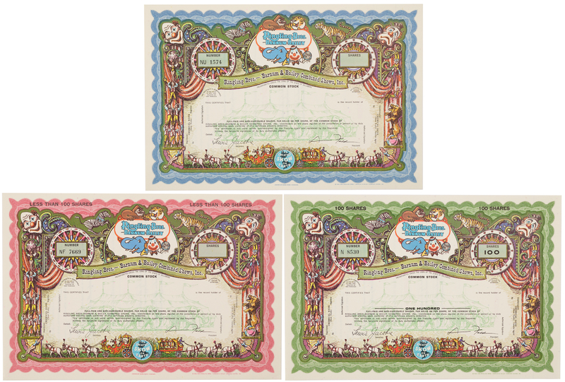 Lot 356 Ringling Bros. and Barnum & Bailey (3) Stock Certificates