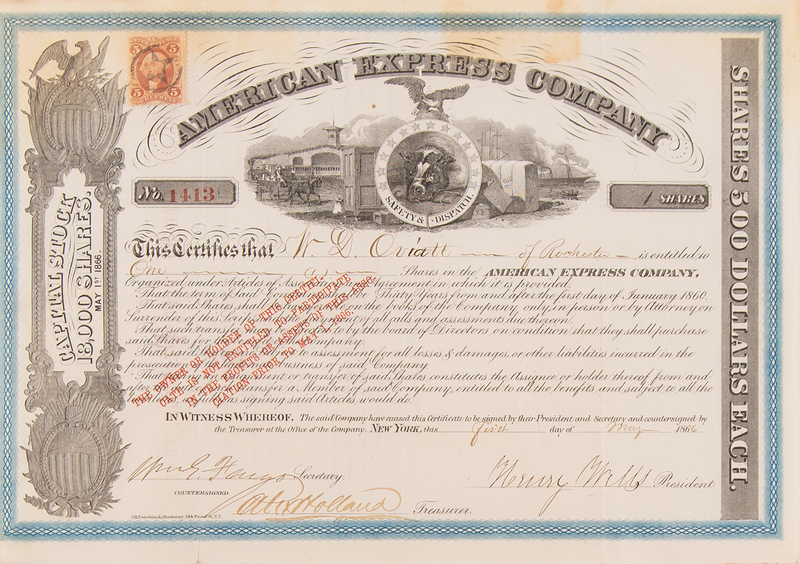 Lot 116 Henry Wells and William Fargo Signed 'American Express Company' Stock Certificate
