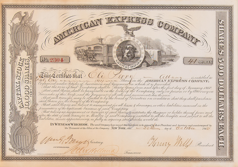 Lot 376 Henry Wells and William Fargo Signed 'American Express Company' Stock Certificate