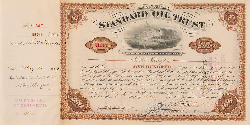Lot 113 John D. Rockefeller and Henry M. Flagler Multi-Signed 'Standard Oil Trust' Stock Certificate