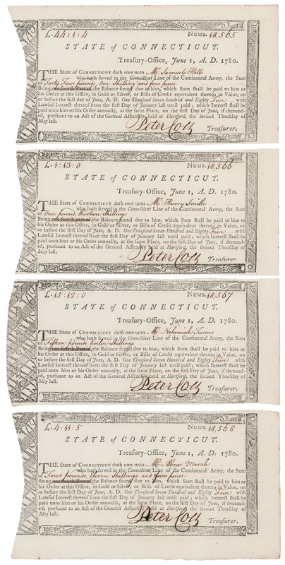 Lot 297 Peter Colt (4) Signed Revolutionary War-Dated Promissory Notes