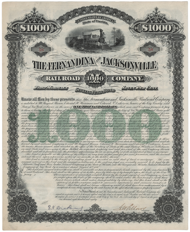 Lot 322 E. H. Harriman Signed 'Fernandina and Jacksonville Railroad Company' Bond