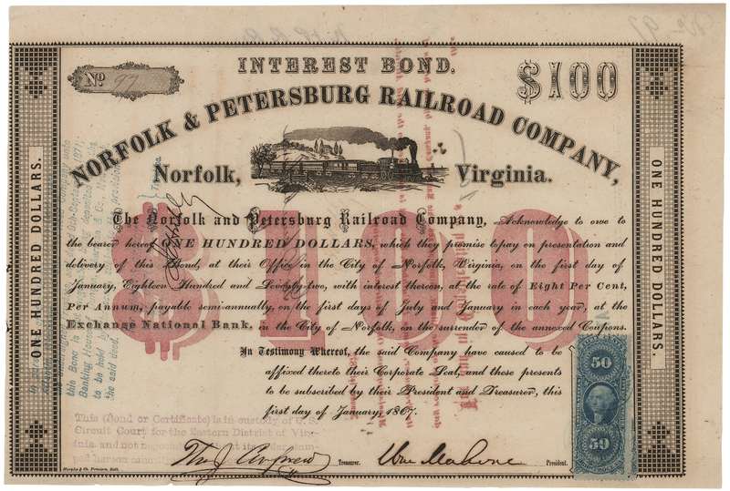 Lot 399 William Mahone Signed 'Norfolk & Petersburg Railroad Company' Interest Bond