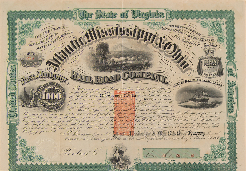 Lot 400 William Mahone Signed 'Atlantic, Mississippi & Ohio Rail Road Company' Bond