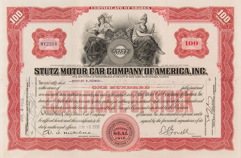 Lot 114 Charles M. Schwab Signed 'Stutz Motor Car Company' Stock Certificate