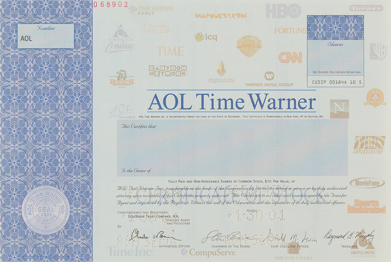 Lot 283 AOL Time Warner Unissued Stock Certificate