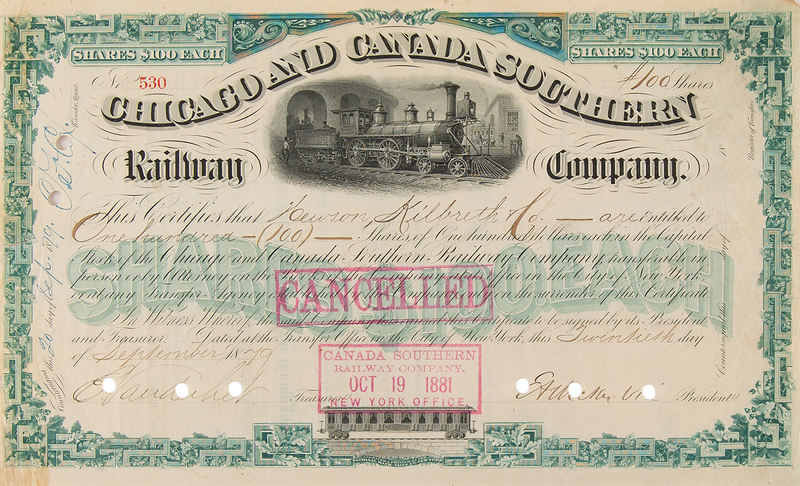Lot 374 Cornelius Vanderbilt II Signed 'Chicago and Canada Southern Railway Company' Stock Certificate