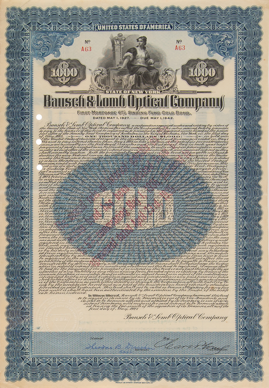 Lot 336 Carl Lomb Signed 'Bausch & Lomb Optical Company' Bond