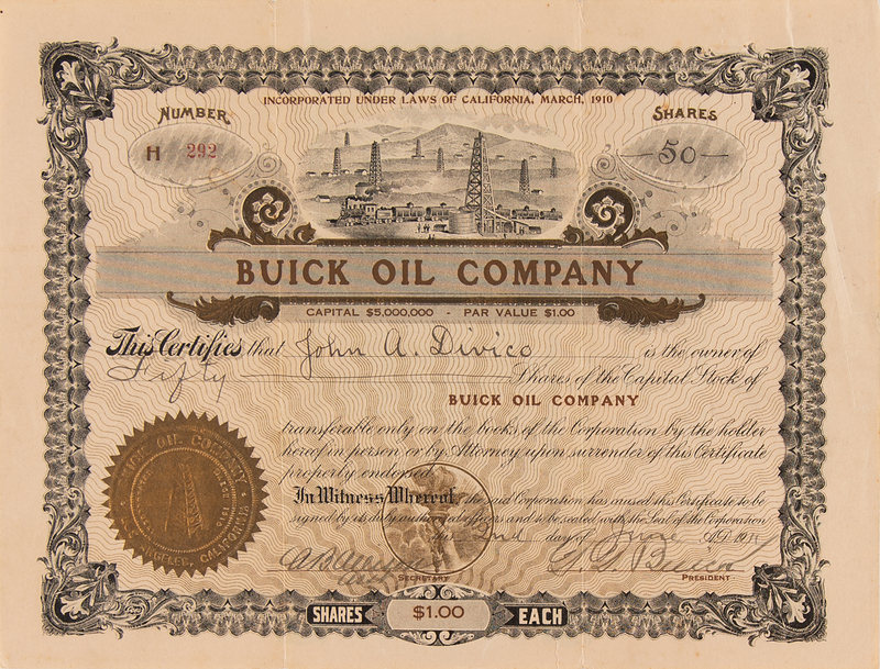 Lot 289 David D. Buick Signed 'Buick Oil Company' Stock Certificate