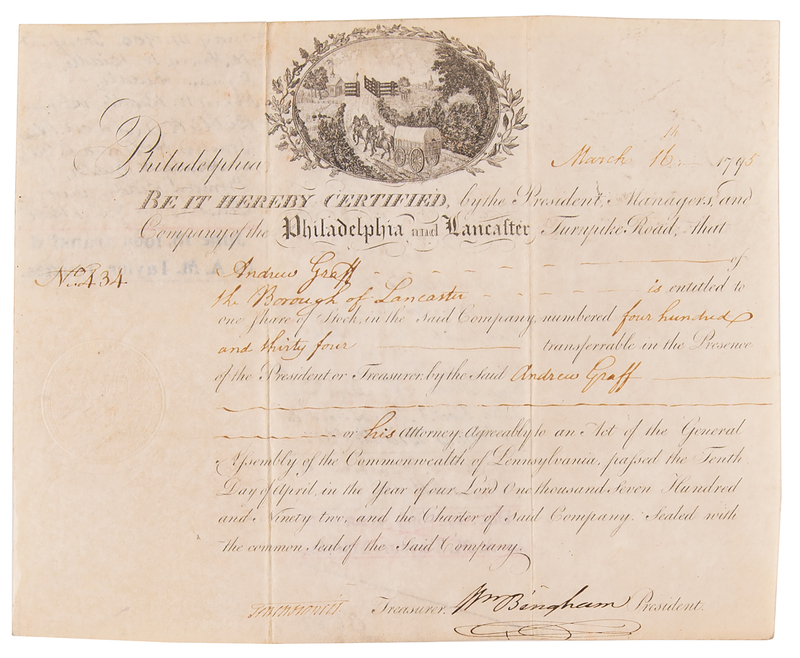 Lot 287 William Bingham Signed 'Philadelphia and Lancaster Turnpike Road' Stock Certificate