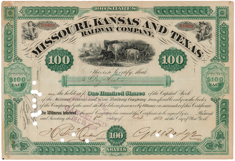 Lot 300 Grenville M. Dodge Signed 'Missouri, Kansas and Texas Railway Company' Stock Certificate