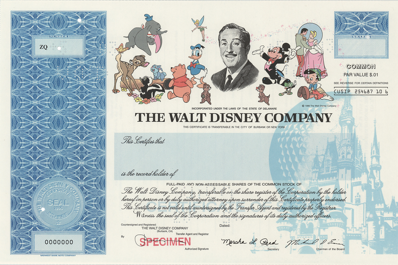Lot 886 Walt Disney Company Unissued Stock Certificate