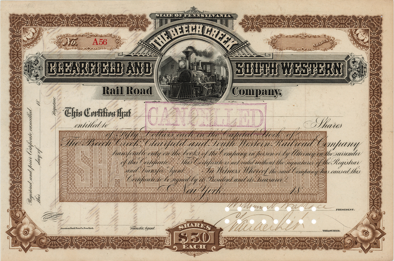 Lot 373 Cornelius Vanderbilt II Signed 'Beech Creek, Clearfield & South Western Railroad Company' Stock Certificate