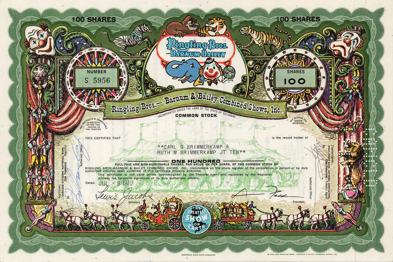 Lot 357 Ringling Bros. and Barnum & Bailey Circus Stock Certificate