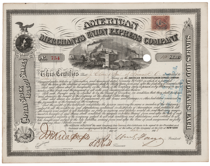 Lot 310 William Fargo Signed 'American Merchants Union Express' Stock Certificate