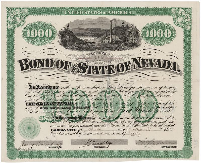 Lot 342 State of Nevada 1872 Bond Signed by Governor Lewis R. Bradley