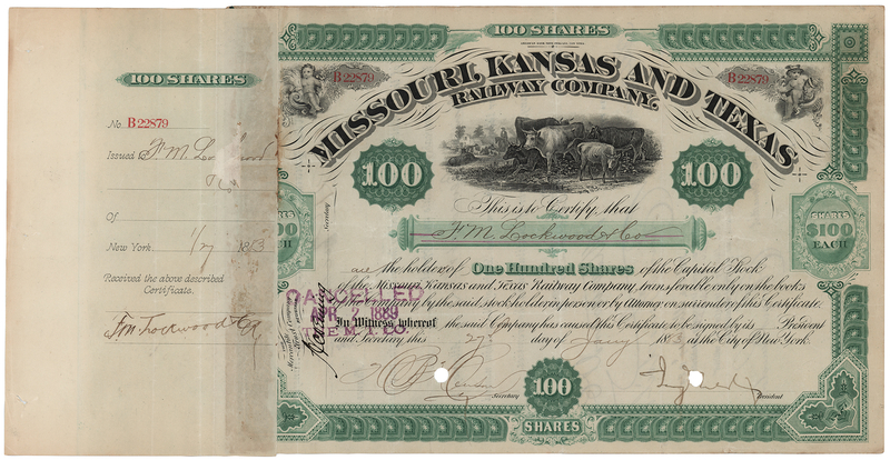 Lot 318 Jay Gould Signed 'Missouri, Kansas and Texas Railway' Stock Certificate