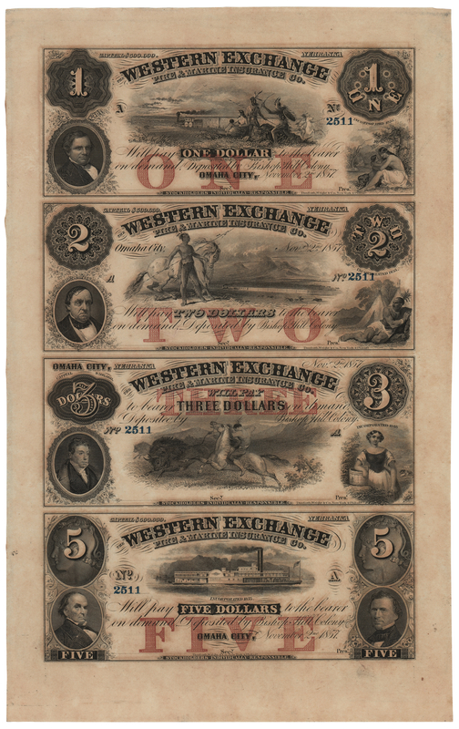Lot 341 Nebraska: Western Exchange Fire & Marine Insurance Company Uncut Bank Note Sheet (1857)
