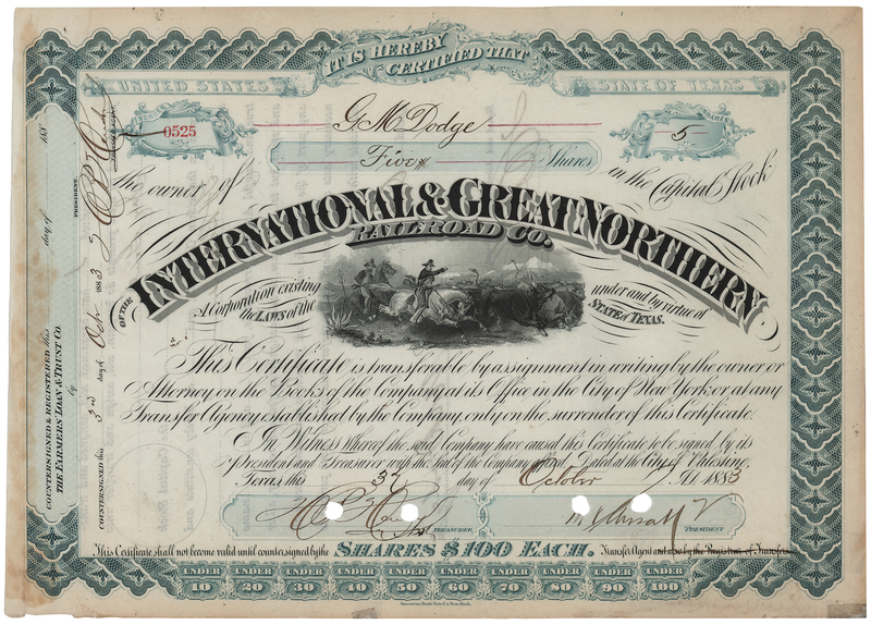 Lot 301 Grenville M. Dodge Signed 'International & Great Northern Railroad Co.' Stock Certificate