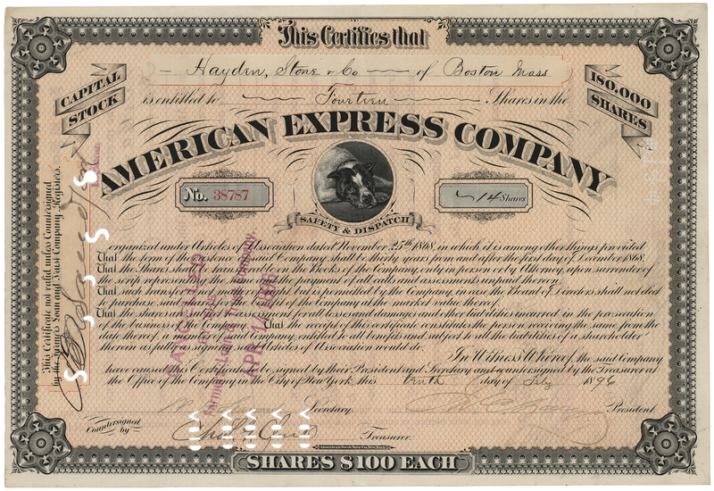 Lot 308 James C. Fargo Signed 'American Express Company' Stock Certificate