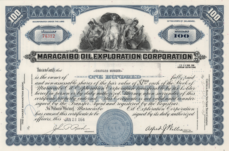 Lot 338 Charlie Munger: Maracaibo Oil Exploration Corporation Stock Certificate