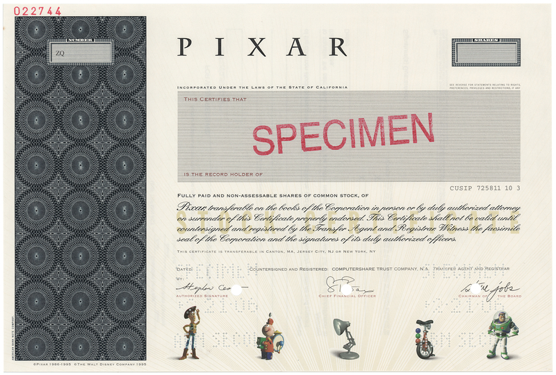 Lot 348 Pixar Unissued Stock Certificate (ca. 1995)