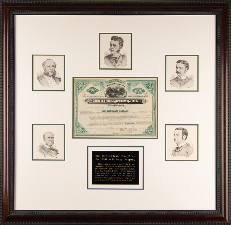 Lot 372 William K. Vanderbilt and Chauncey Depew Signed 'Jersey Shore, Pine Creek and Buffalo Railway' Bond