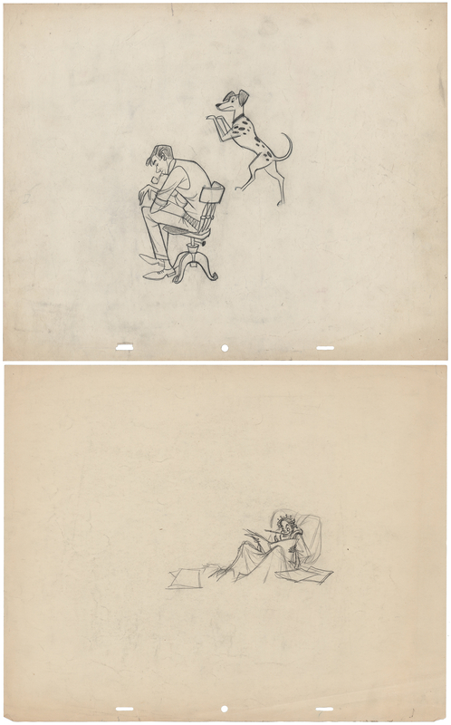 Lot 867 Cruella de Vil, Pongo, and Roger Radcliffe preliminary production drawings from One Hundred and One Dalmatians