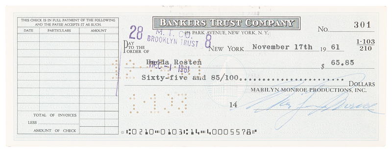 Lot 548 Marilyn Monroe Signed Check to Her Maid of Honor
