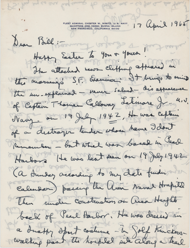 Lot 403 Chester Nimitz Autograph Letter Signed on the Unsolved Mystery of a Naval Officer's Disappearance Near Pearl Harbor