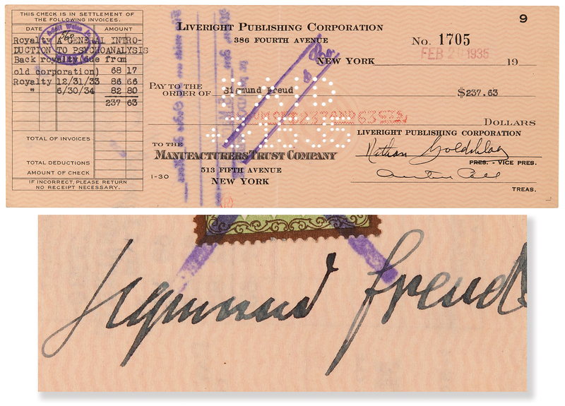 Lot 252 Sigmund Freud Signed Check from Liveright Publishing - Royalties for 'A General Introduction to Psychoanalysis'