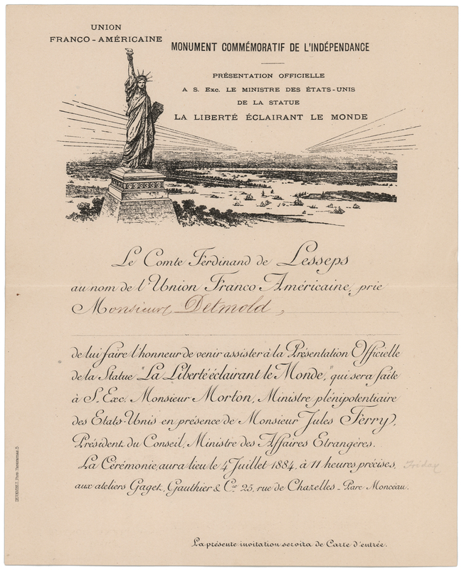 Lot 505 Statue of Liberty Original 1884 Invitation for the Official Parisian Presentation