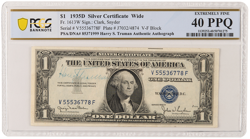 Lot 56 Harry S. Truman Signed One-Dollar Bill - PCGS Extremely Fine 40 PPQ