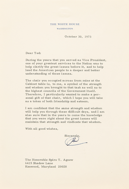 Lot 12 Richard Nixon Typed Letter Signed to Spiro T. Agnew, Sending the Disgraced VP His Cabinet Chair: 