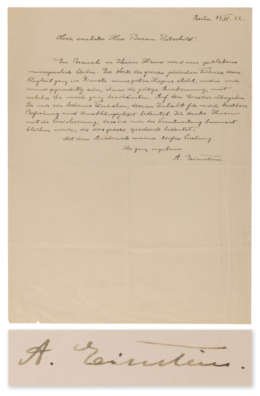 Lot 170 Albert Einstein Autograph Letter Signed, Thanking Baron Edmond de Rothschild for His Generosity: 