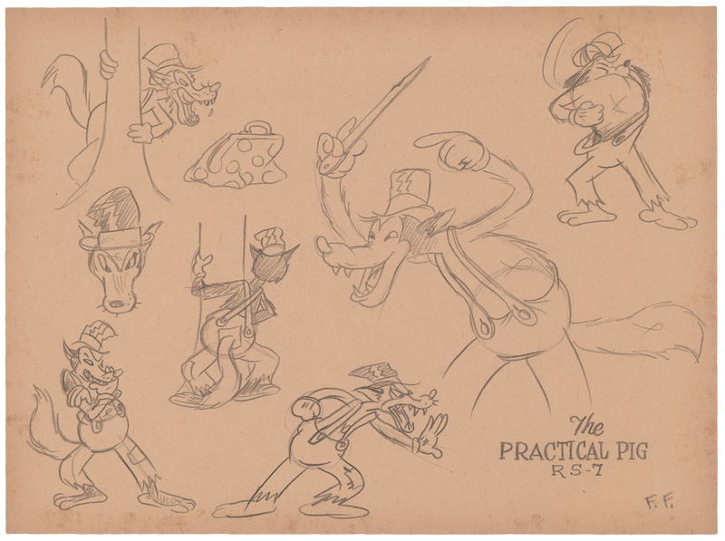 Lot 794 Frank Follmer concept model sheet drawing of The Big Bad Wolf for The Practical Pig