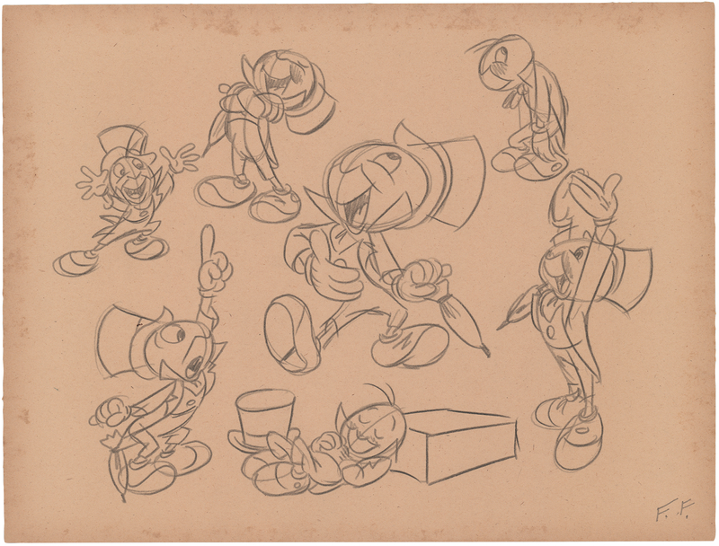 Lot 833 Frank Follmer concept model sheet drawing of Jiminy Cricket for Pinocchio