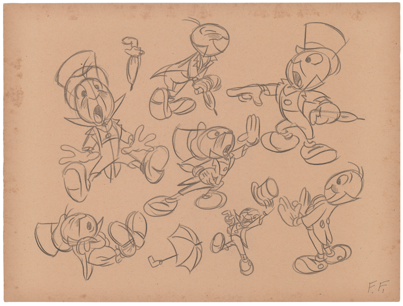 Lot 834 Frank Follmer concept model sheet drawing of Jiminy Cricket for Pinocchio
