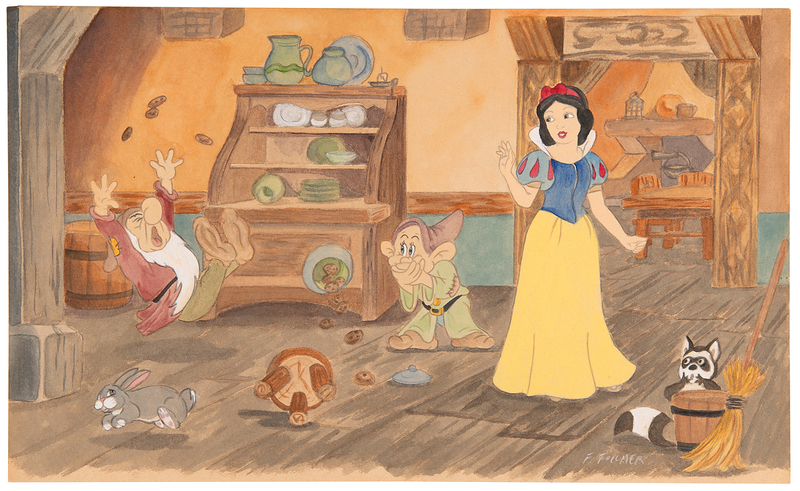 Lot 806 Frank Follmer concept painting of Snow White, Dopey, and Grumpy for Snow White and the Seven Dwarfs