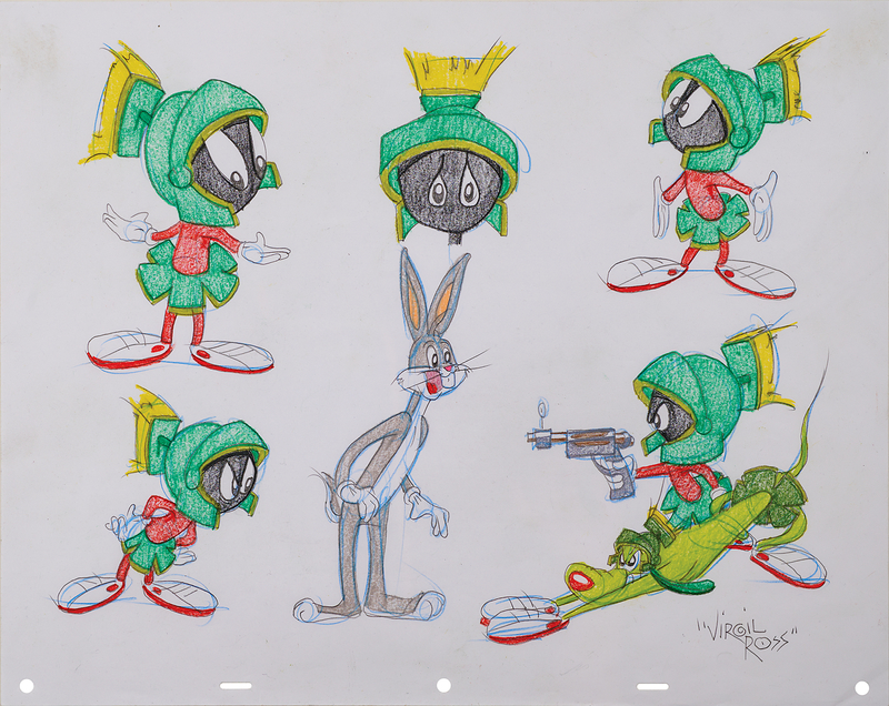 Lot 894 Virgil Ross Signed Original Color Model Drawing of Bugs Bunny, Marvin the Martian, and K-9 the Dog