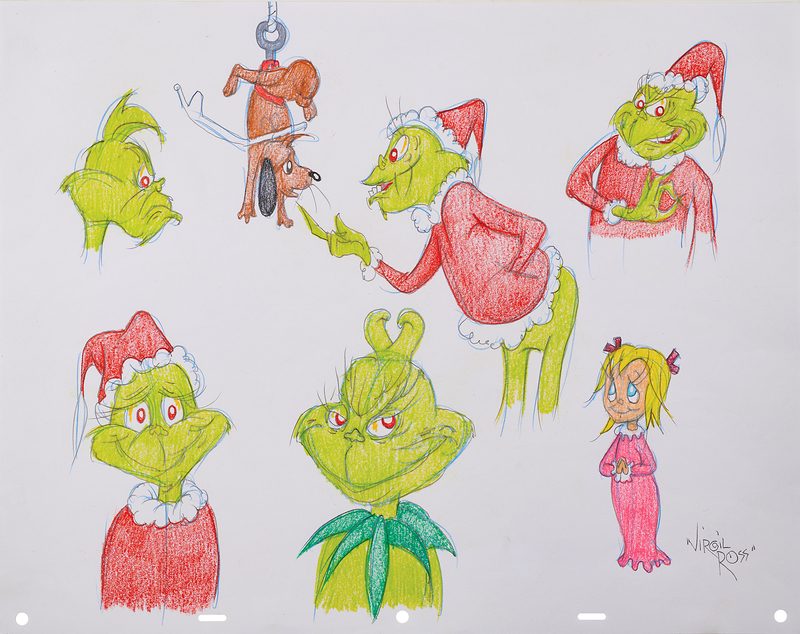 Lot 891 Virgil Ross Signed Original Color Model Drawing of the Grinch, Cindy Lou Who, and Max the Dog
