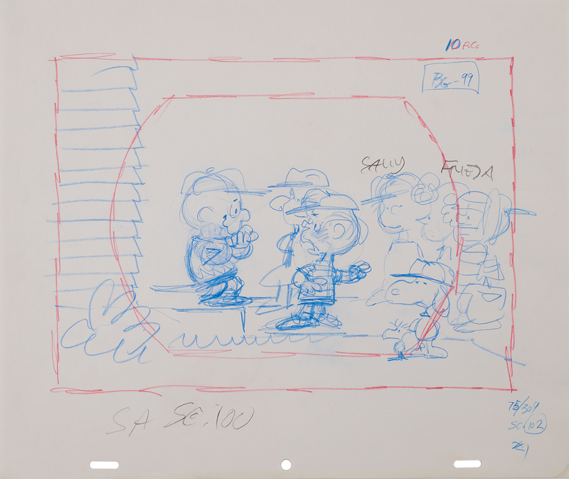 Lot 932 Peanuts multi-character production layout drawing from It's Arbor Day, Charlie Brown